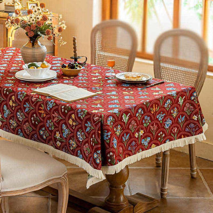 Nappe vintage avec pompon et bouquet fleuri - Rouge - 140 cm x 260 cm - image 3