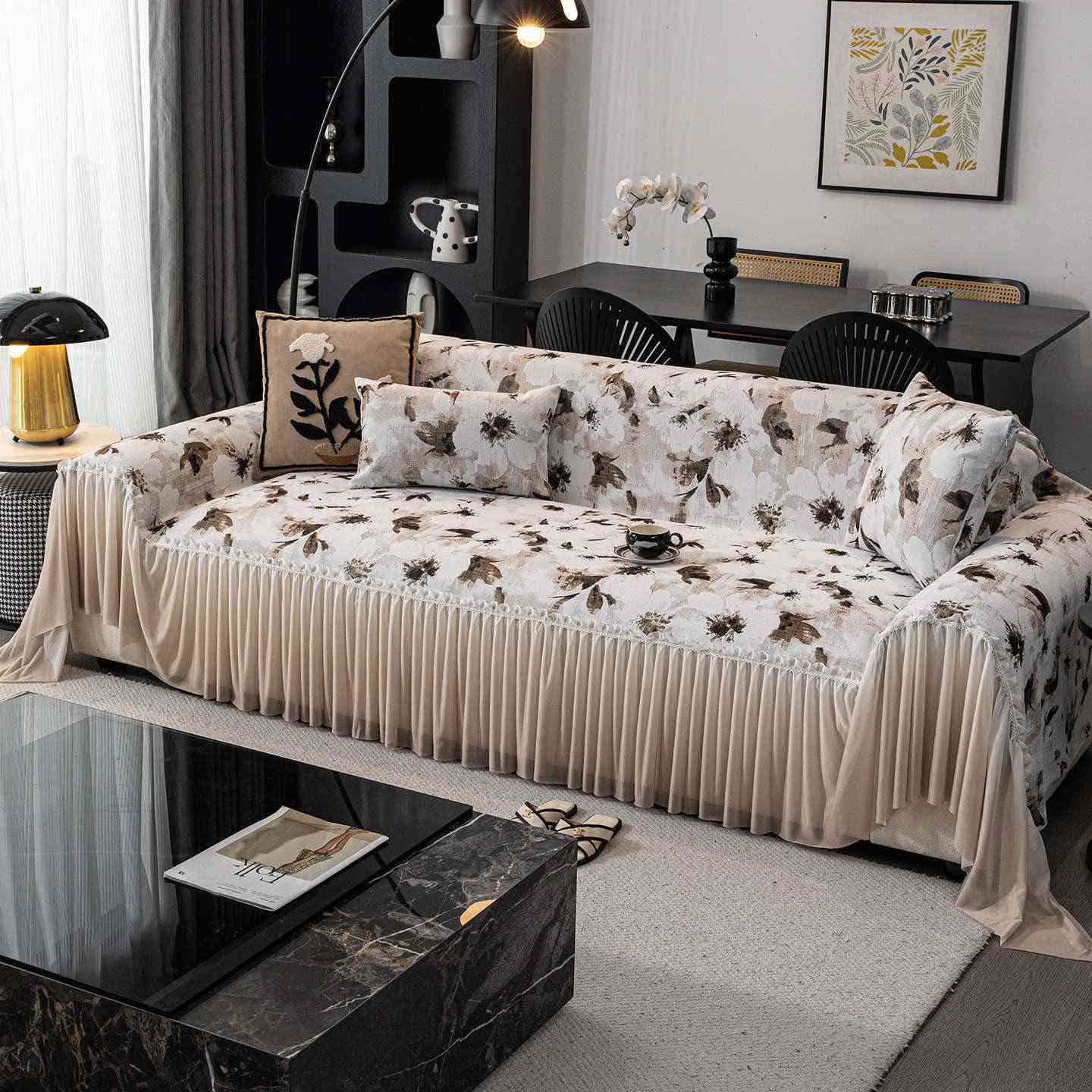 Housse de canapé avec motif à l'encre et jupe - Brun - 180 cm x 340 cm - image 5