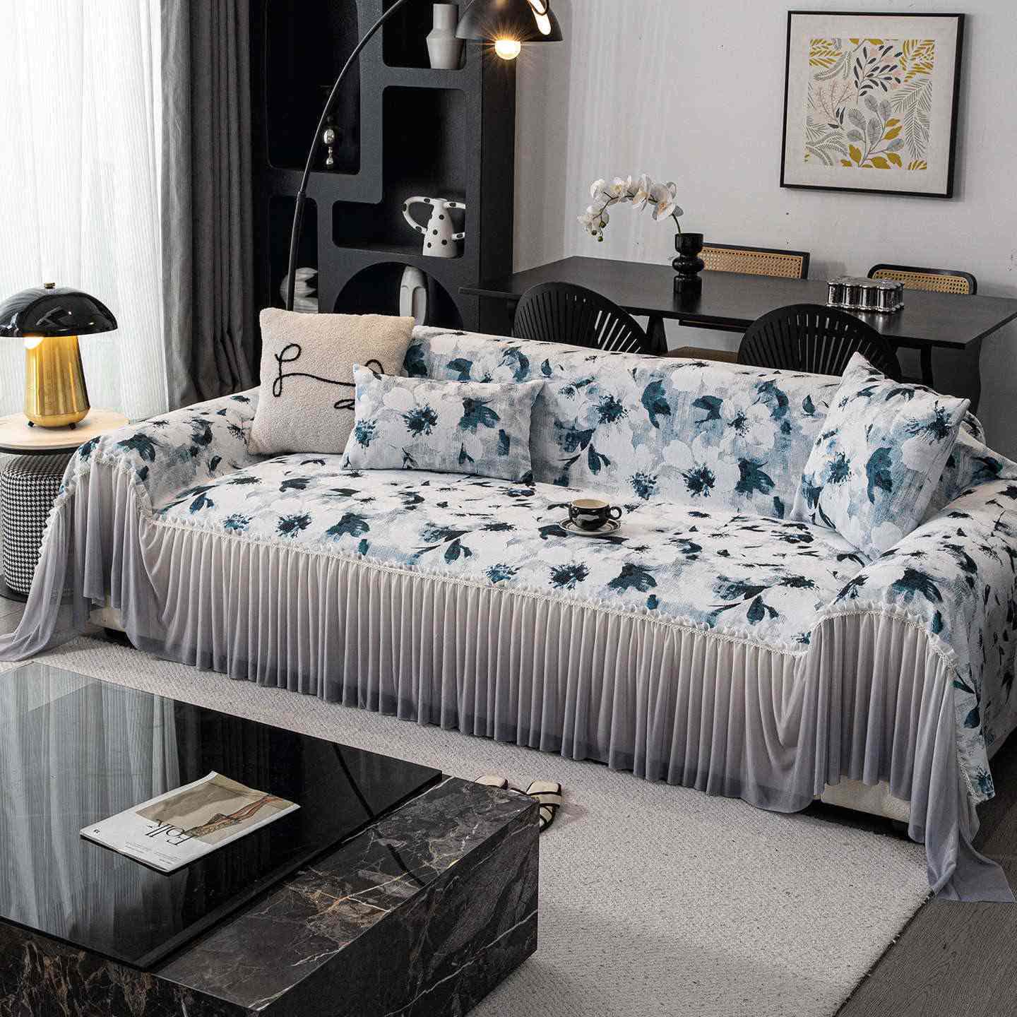 Housse de canapé avec motif à l'encre et jupe - Bleu - 180 cm x 340 cm - image 7