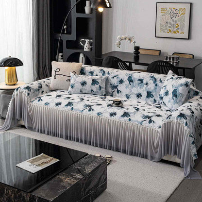 Housse de canapé avec motif à l'encre et jupe - Bleu - 180 cm x 340 cm - image 7