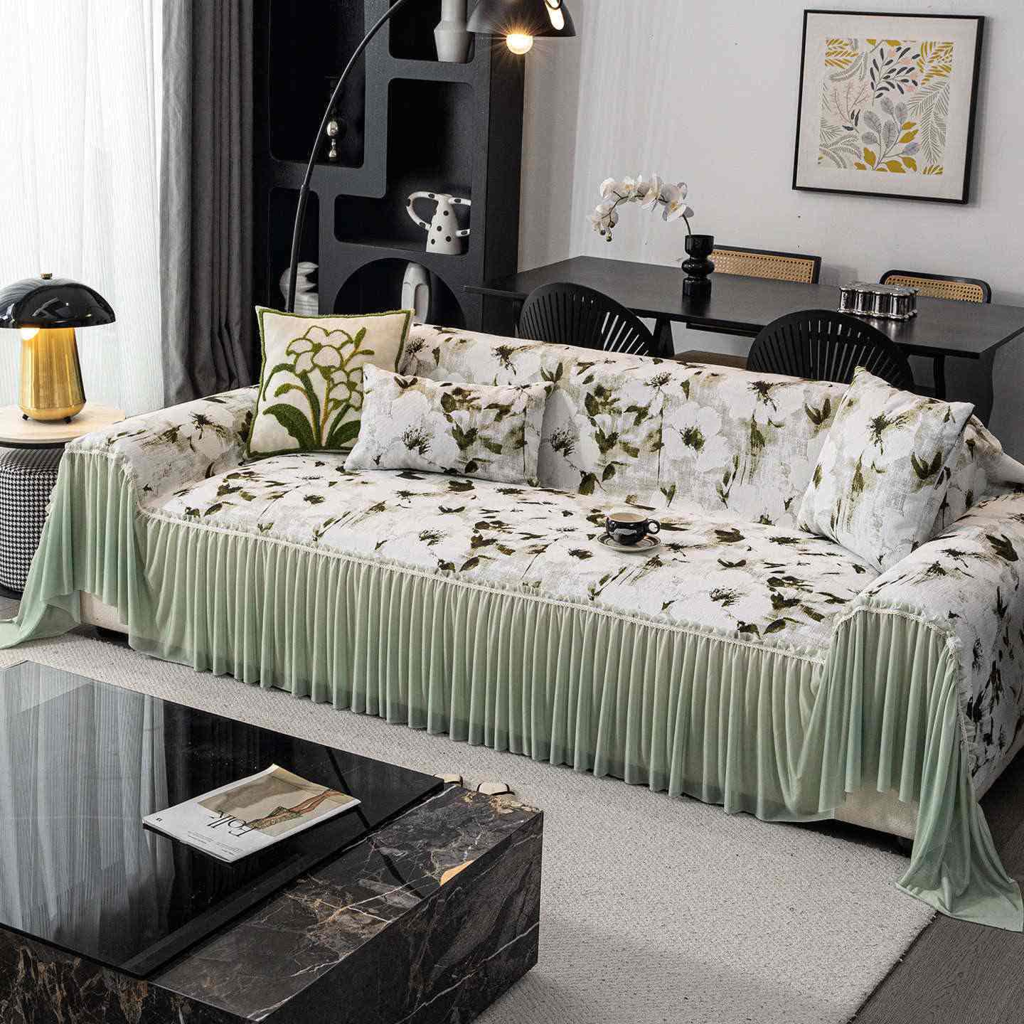 Housse de canapé avec motif à l'encre et jupe - Vert - 180 cm x 340 cm - image 0