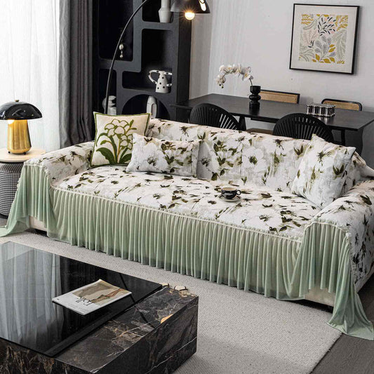 Housse de canapé avec motif à l'encre et jupe - Vert - 180 cm x 340 cm - image 0
