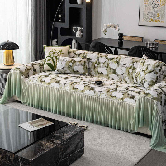 Housse de canapé Ink Poppy avec jupe - Vert - 180 cm x 340 cm - image 0