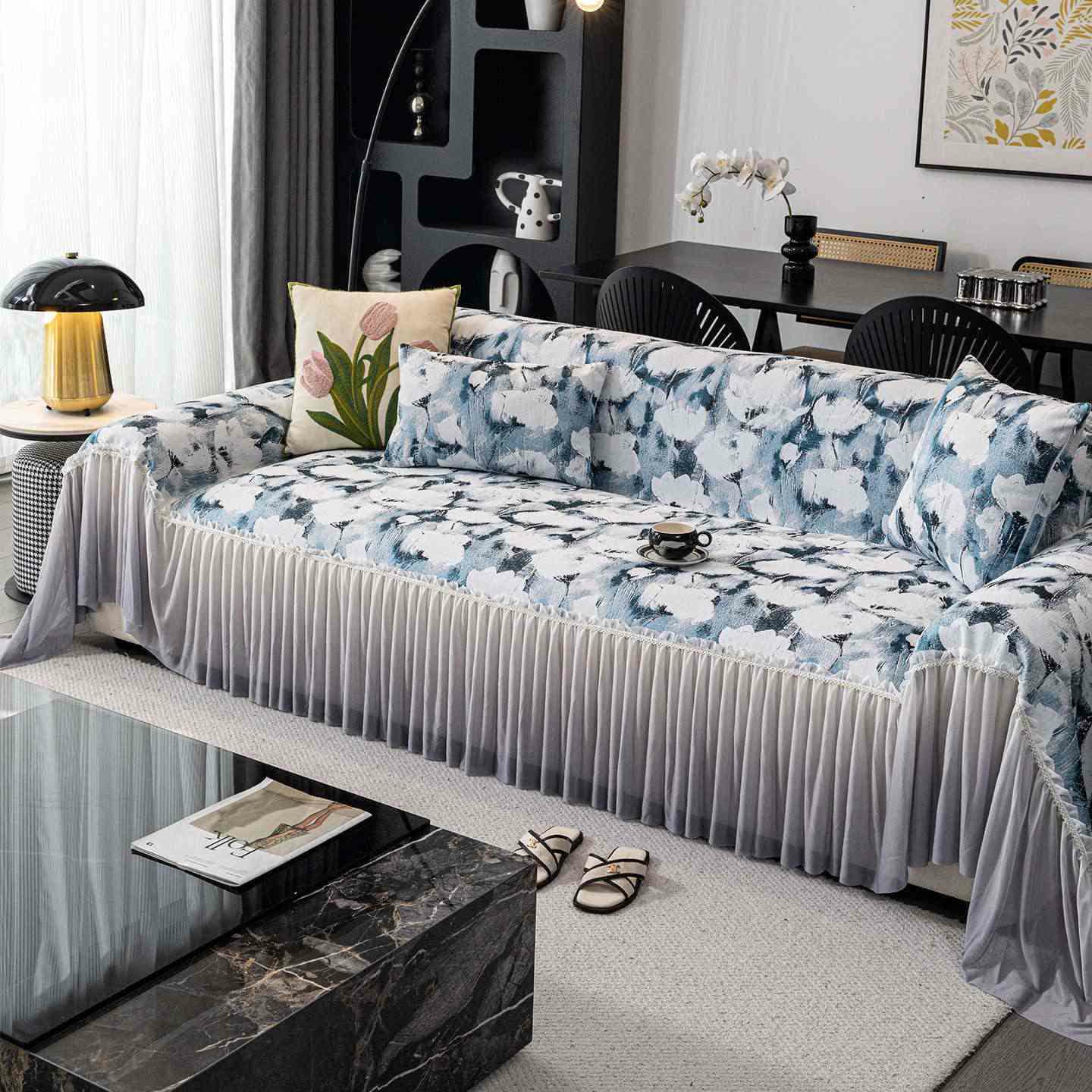 Housse de canapé Ink Poppy avec jupe - Bleu - 180 cm x 340 cm - image 8