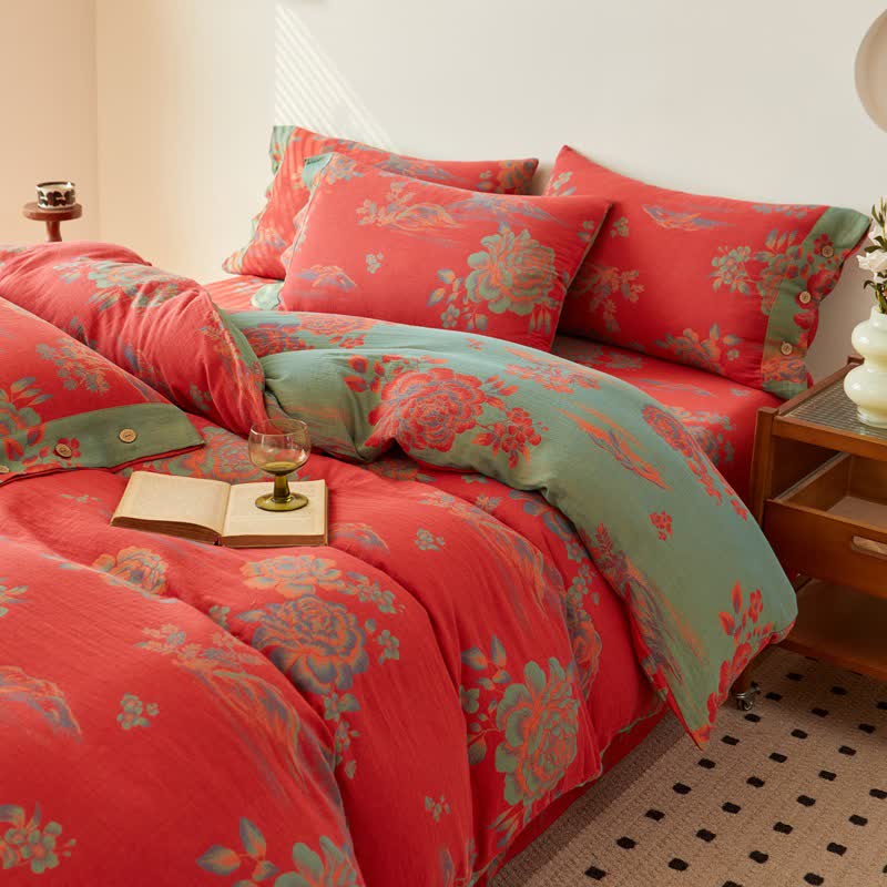 Linge de lit luxueux en gaze de coton de style jacquard avec motif pivoine - image 1