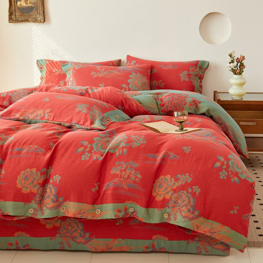Linge de lit luxueux en gaze de coton de style jacquard avec motif pivoine - ensemble de literie - 220 cm x 240 cm - image 0