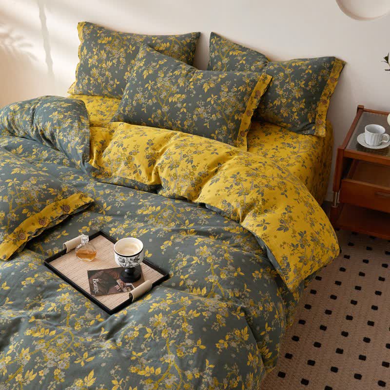 Linge de lit en gaze de coton à motif jacquard et motif fleur de prunier - image 2