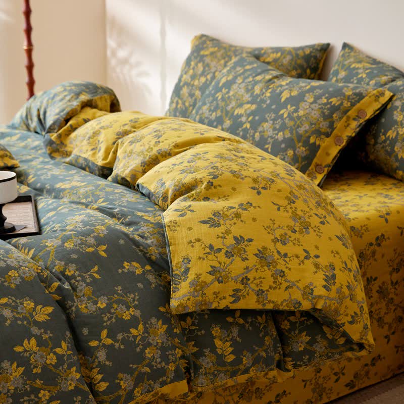 Linge de lit en gaze de coton à motif jacquard et motif fleur de prunier - image 4
