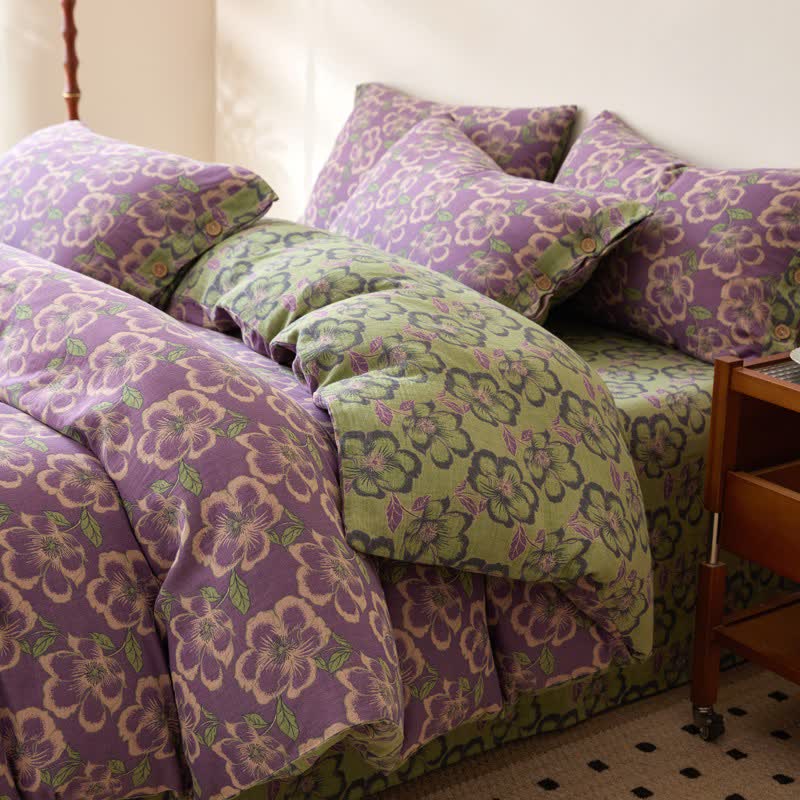 Linge de lit en gaze de coton à motif jacquard fleur de pêcher - image 1