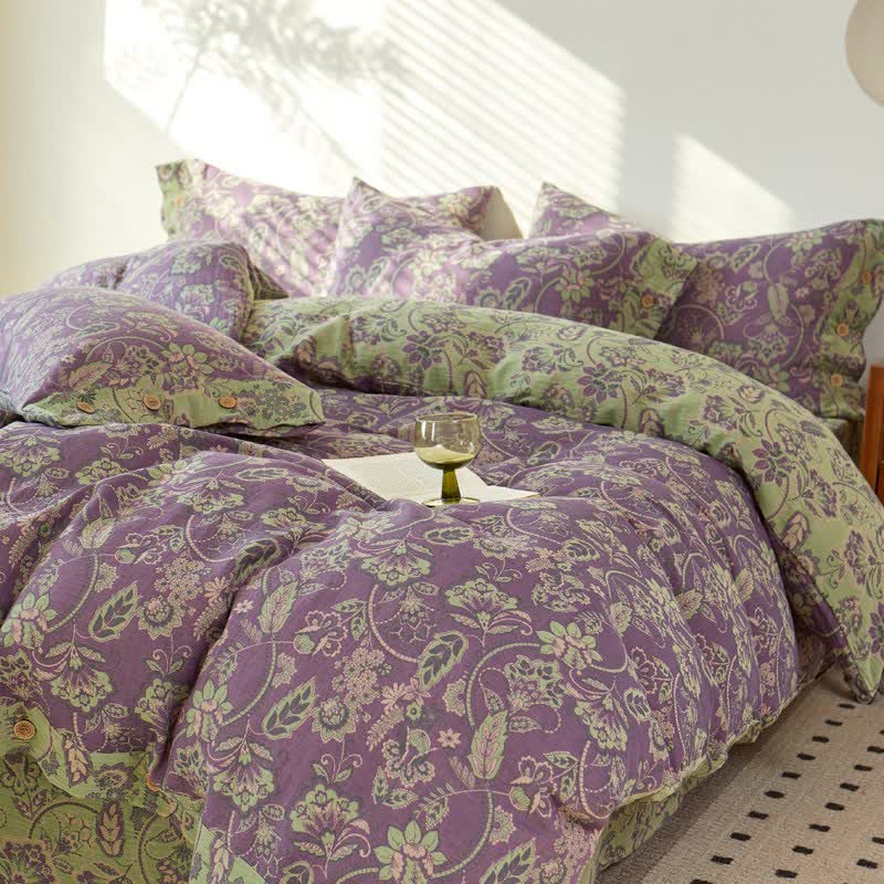 Linge de lit en gaze de coton à motif floral abstrait et jacquard - image 2