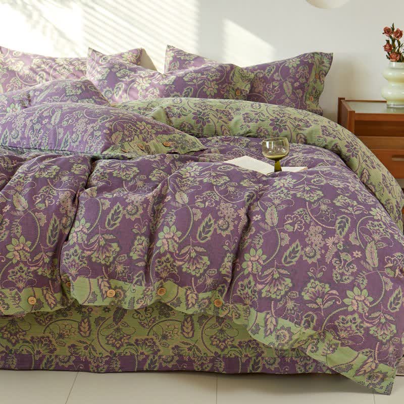 Linge de lit en gaze de coton à motif floral abstrait et jacquard - ensemble de literie - 220 cm x 240 cm - image 0