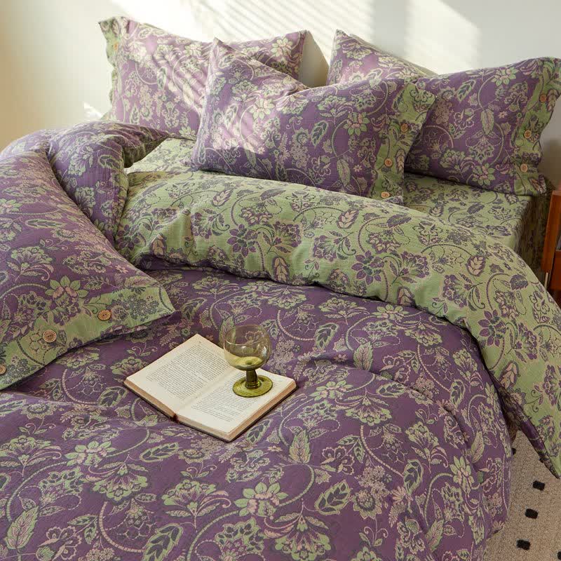 Linge de lit en gaze de coton à motif floral abstrait et jacquard - image 1