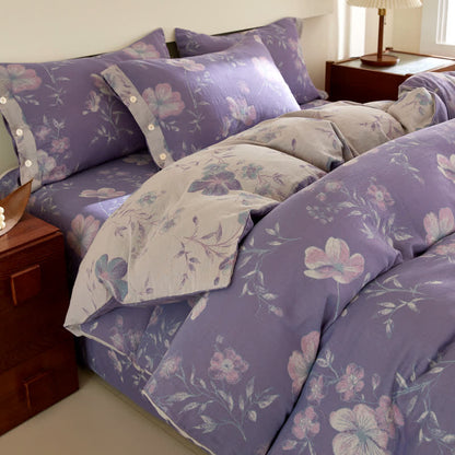 Linge de lit en gaze de coton jacquard floral violet - image 1