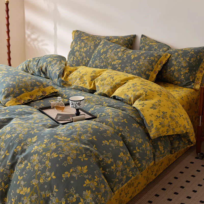 Linge de lit en gaze de coton à motif jacquard et motif fleur de prunier - image 1
