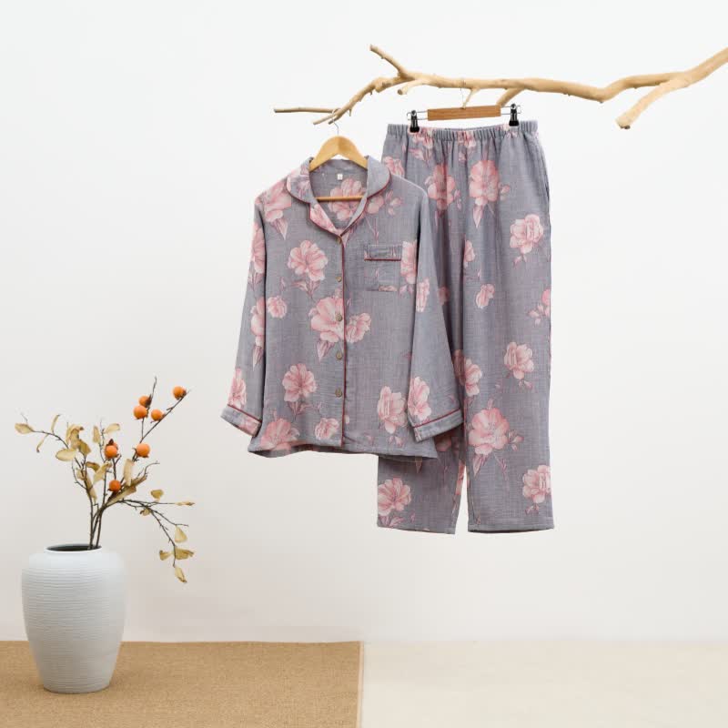 Ensemble de vêtements d'intérieur en pur coton à imprimé floral rose - image 1