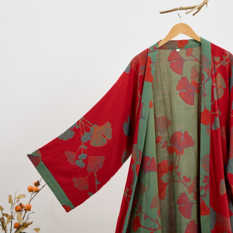 Peignoir kimono en coton bio avec feuille de ginkgo - image 12