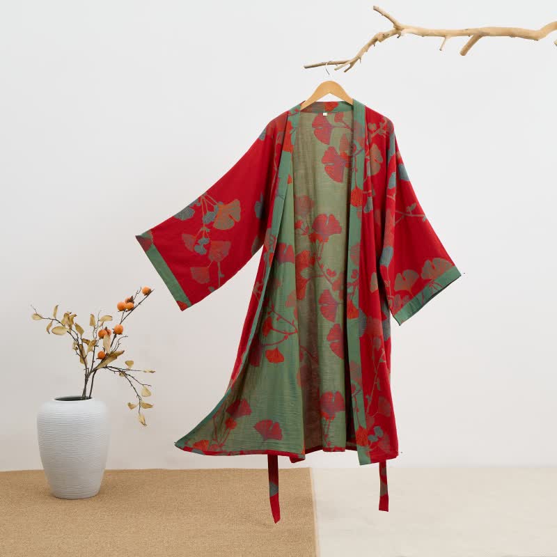Peignoir kimono en coton bio avec feuille de ginkgo - Rouge et vert - 2XL - image 11