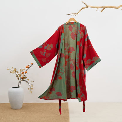 Peignoir kimono en coton bio avec feuille de ginkgo - Rouge et vert - 2XL - image 11