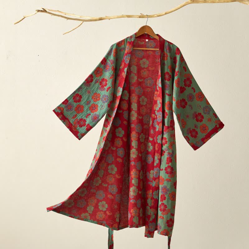 Peignoir kimono en gaze de coton imprimé fleurs de prunier - Vert - XL - image 10