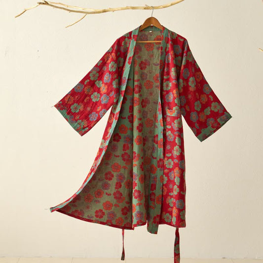 Peignoir kimono en gaze de coton imprimé fleurs de prunier - Rouge - XL - image 0
