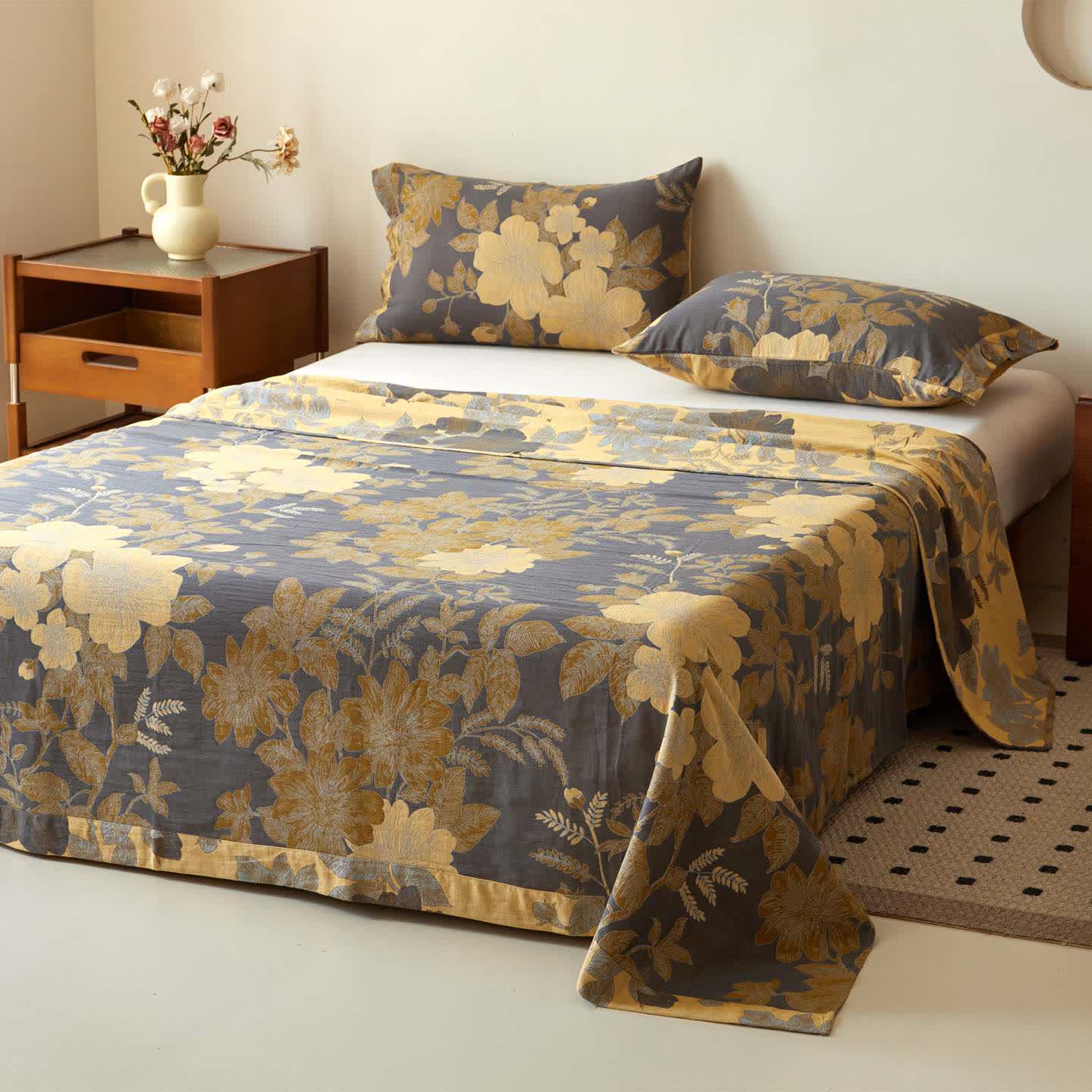 Couvre-lit luxueux en gaze de coton à motif floral - Couvre-lit avec 2 taies d'oreiller - 240 cm x 270 cm - image 0