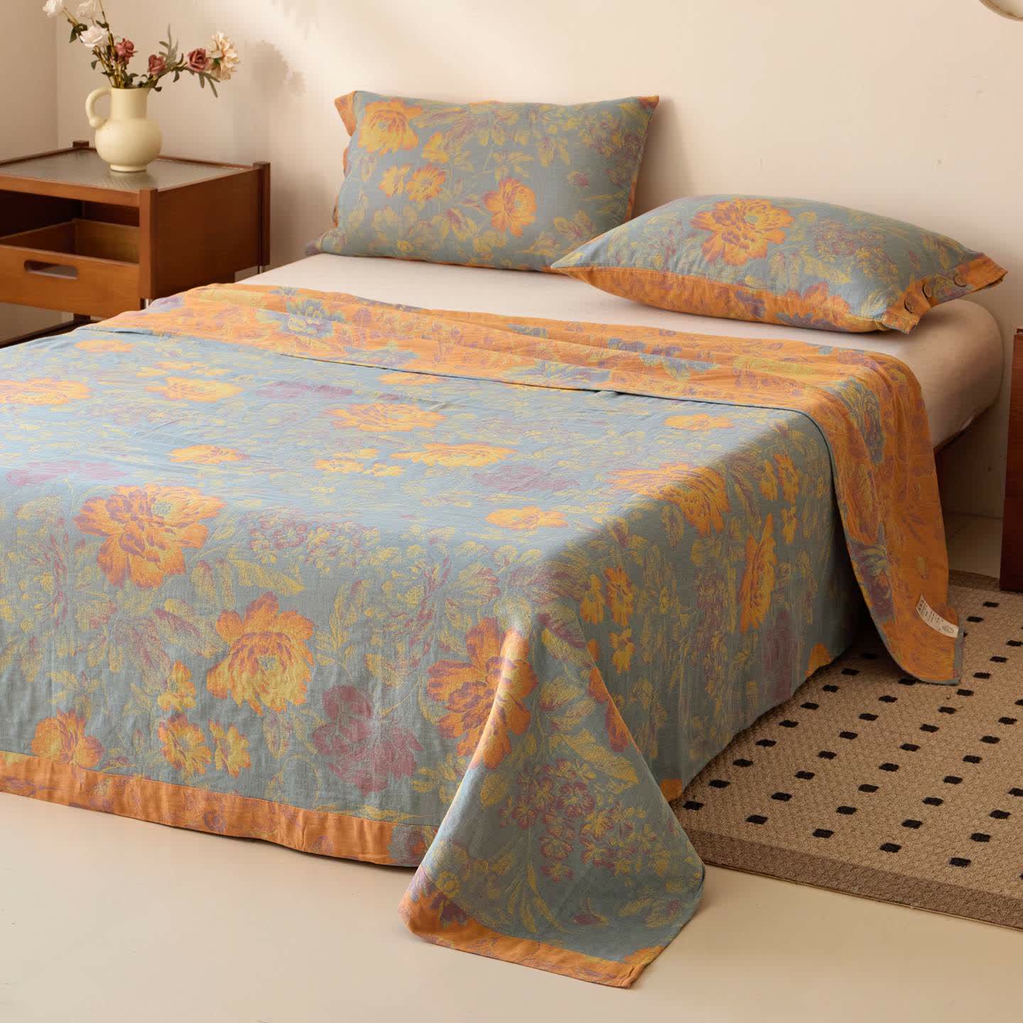 Couvre-lit en gaze de coton à motif jacquard et pivoine - Couvre-lit avec 2 taies d'oreiller - 240 cm x 270 cm - image 0