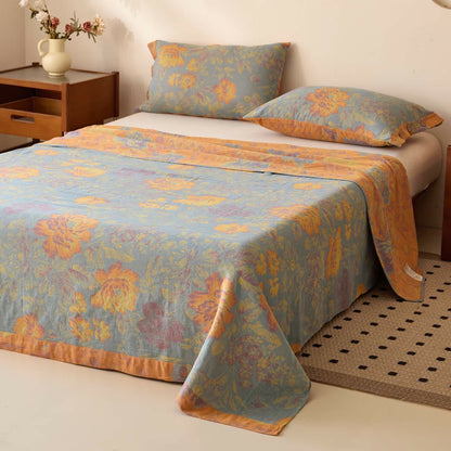 Couvre-lit en gaze de coton à motif jacquard et pivoine - Couvre-lit avec 2 taies d'oreiller - 240 cm x 270 cm - image 0