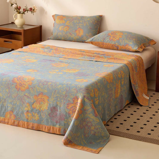 Couvre-lit en gaze de coton à motif jacquard et pivoine - Couvre-lit avec 2 taies d'oreiller - 240 cm x 270 cm - image 0