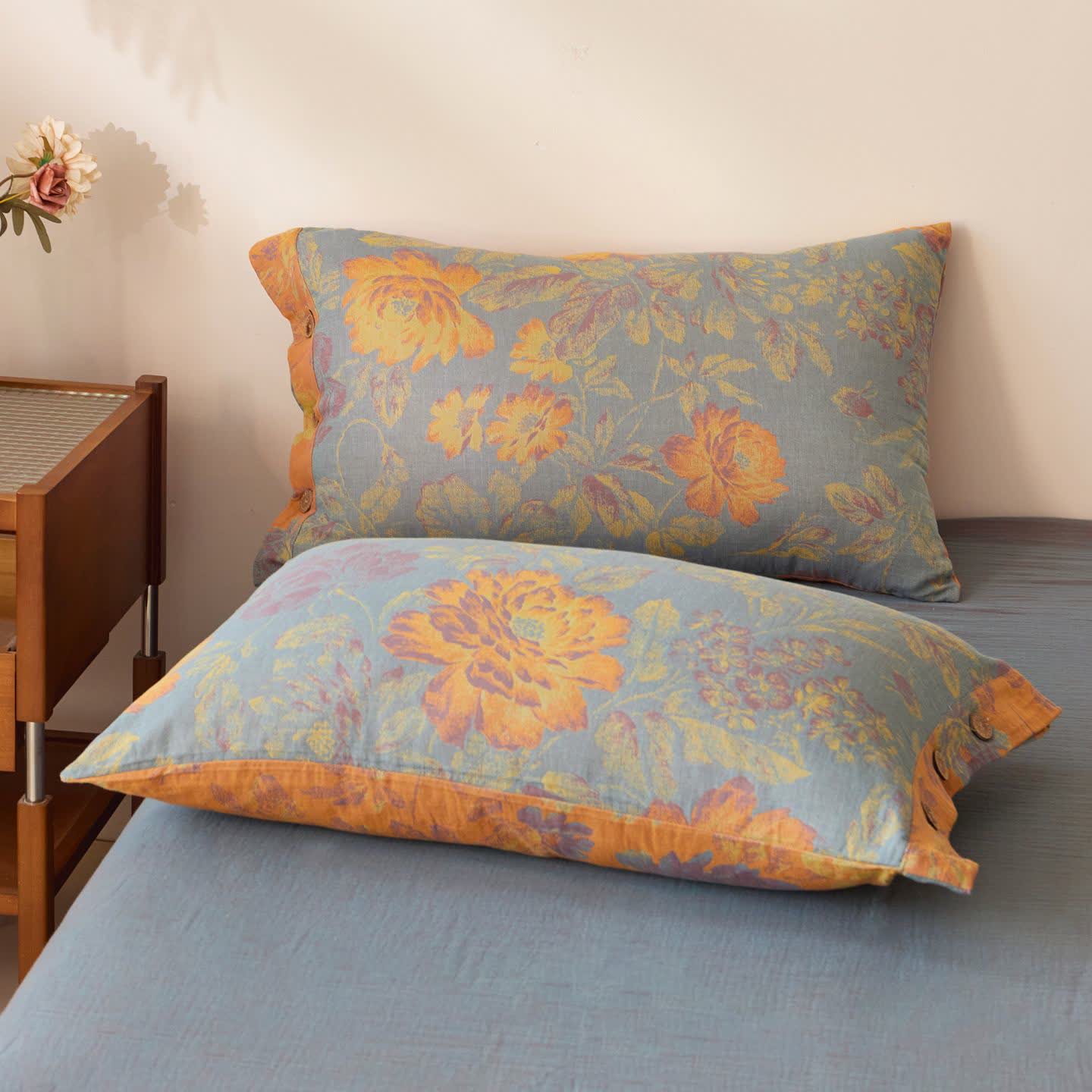 Couvre-lit en gaze de coton à motif jacquard et pivoine - 2 taies d'oreiller - 48 cm x 74 cm - image 2