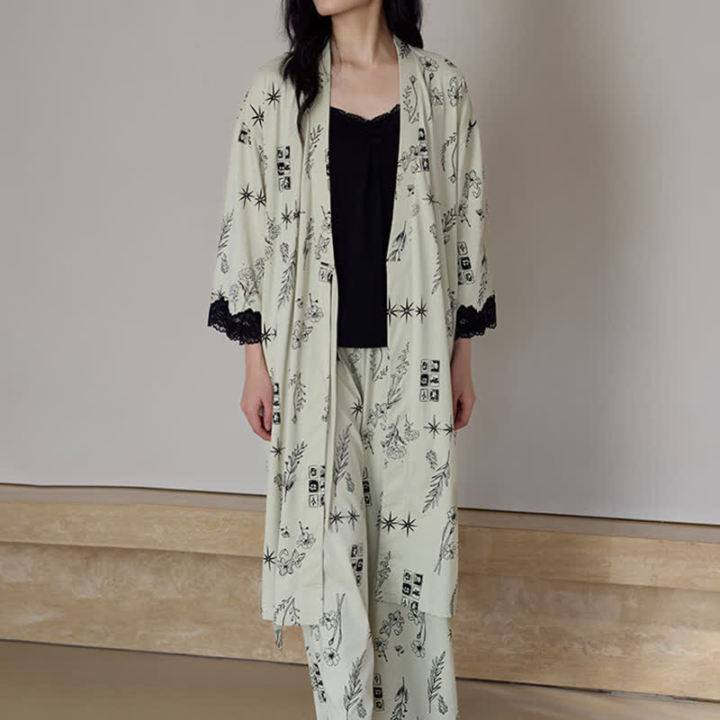 Ensemble pyjama 3 pièces à imprimé floral noir - image 0