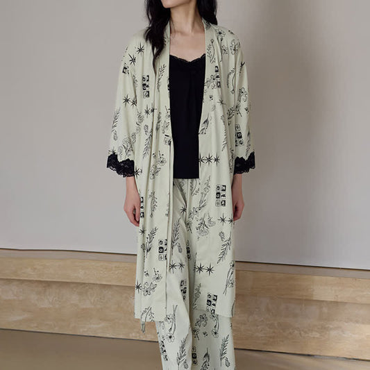 Ensemble pyjama 3 pièces à imprimé floral noir - image 0
