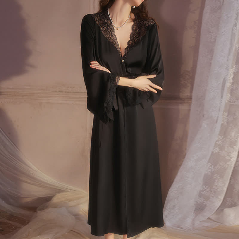 Peignoir en dentelle sexy de couleur unie - Noir - XL - image 0