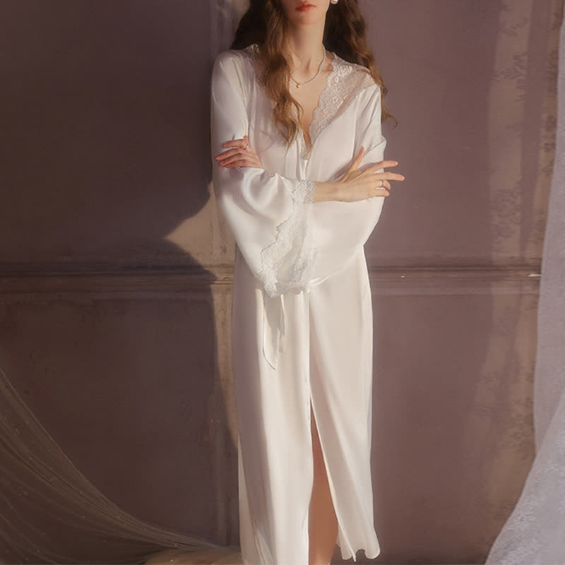 Peignoir en dentelle sexy de couleur unie - Blanc - XL - image 4