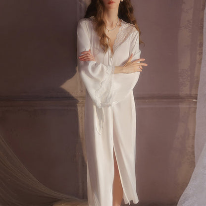 Peignoir en dentelle sexy de couleur unie - Blanc - XL - image 4