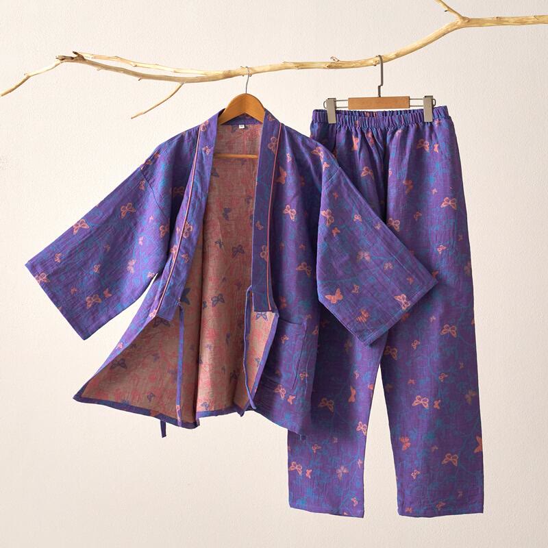 Ensemble de vêtements d'intérieur kimono en gaze de coton avec motif papillon - Violet - XL - image 1