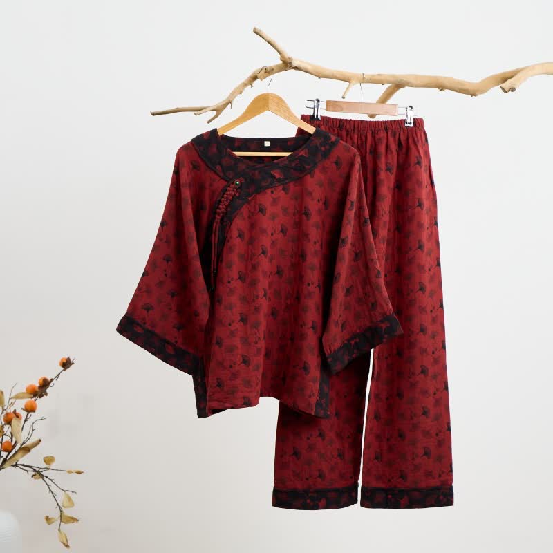Pyjama en coton à feuilles de ginkgo avec pompon oriental - 2XL - image 1