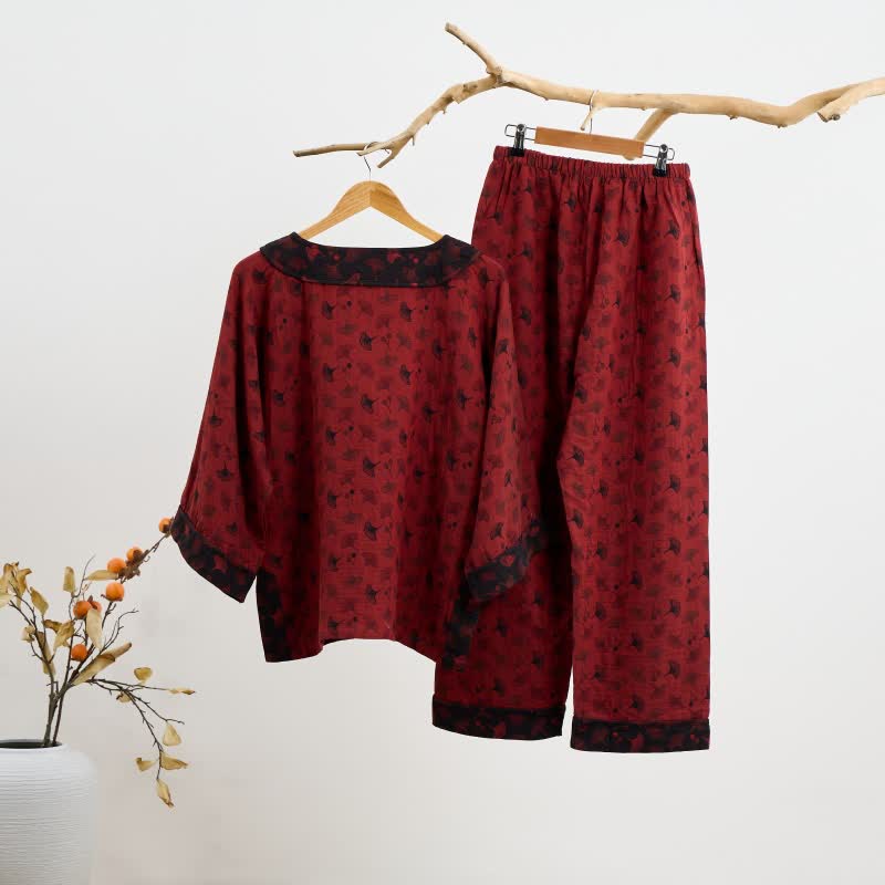 Pyjama en coton à feuilles de ginkgo avec pompon oriental - image 2