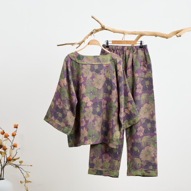 Pyjama en coton fleur de pêcher avec pompon oriental - image 1