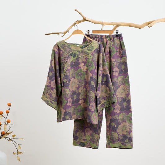 Pyjama en coton fleur de pêcher avec pompon oriental - 2XL - image 0