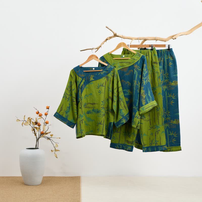 Ensemble pyjama oriental en coton et bambou avec pompons - image 1