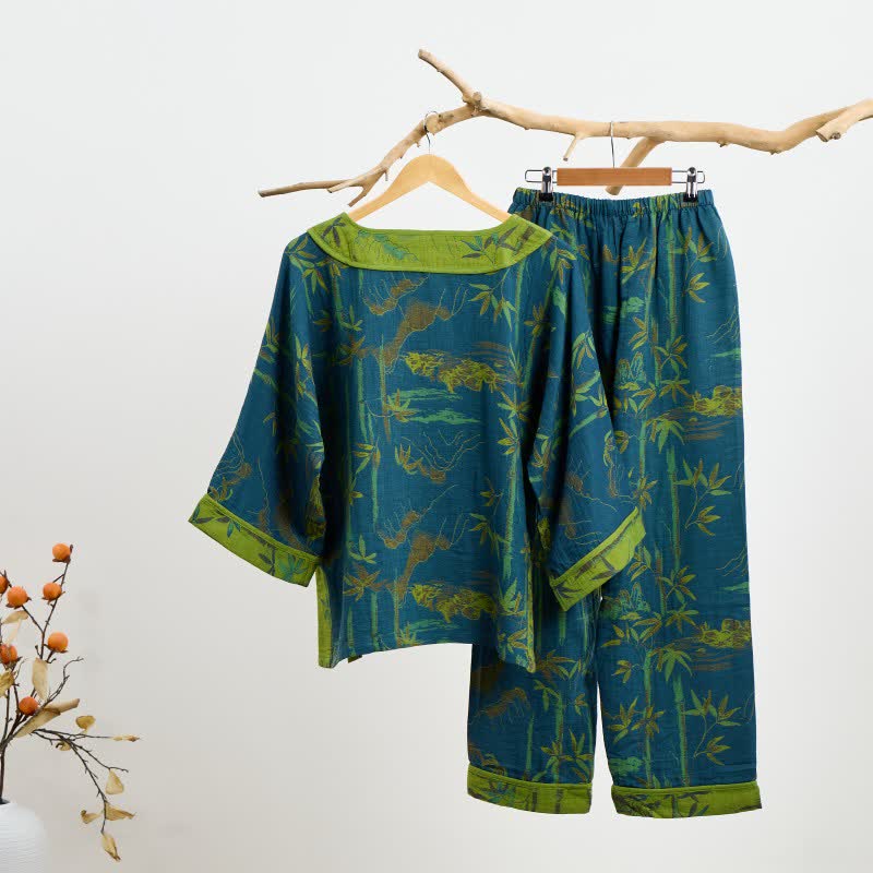 Ensemble pyjama oriental en coton et bambou avec pompons - image 9