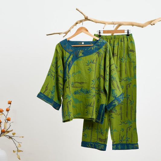 Ensemble pyjama oriental en coton et bambou avec pompons - Vert - 2XL - image 0