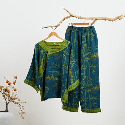 Ensemble pyjama oriental en coton et bambou avec pompons - Bleu - 2XL - image 8