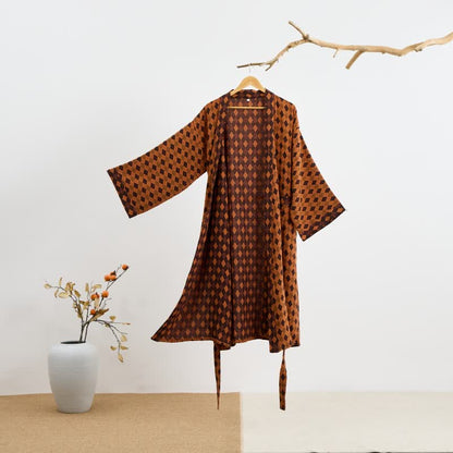 Peignoir kimono en gaze de coton à motif losanges - Marron et jaune - 2XL - image 6