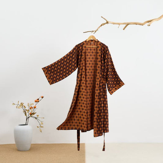 Peignoir kimono en gaze de coton à motif losanges - Marron et rouge - 2XL - image 0