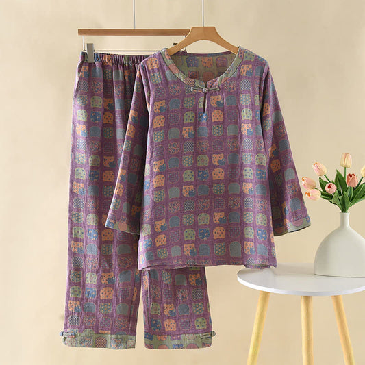 Pyjama à manches longues en coton vintage avec motif chat - XL - image 0