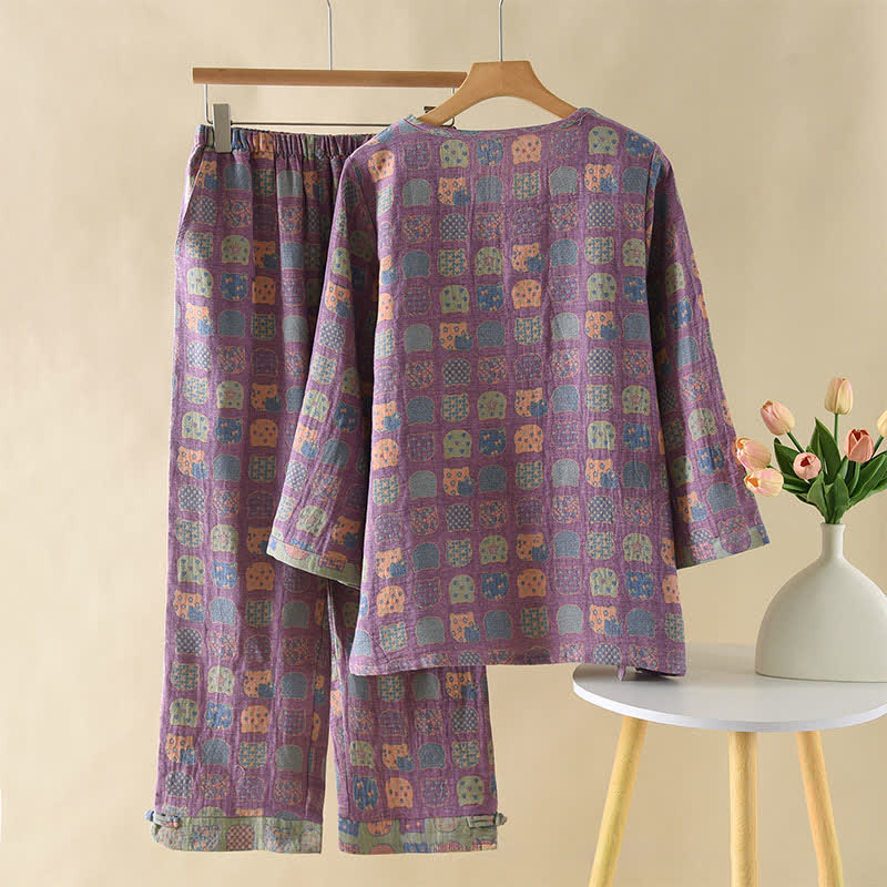 Pyjama à manches longues en coton vintage avec motif chat - image 1