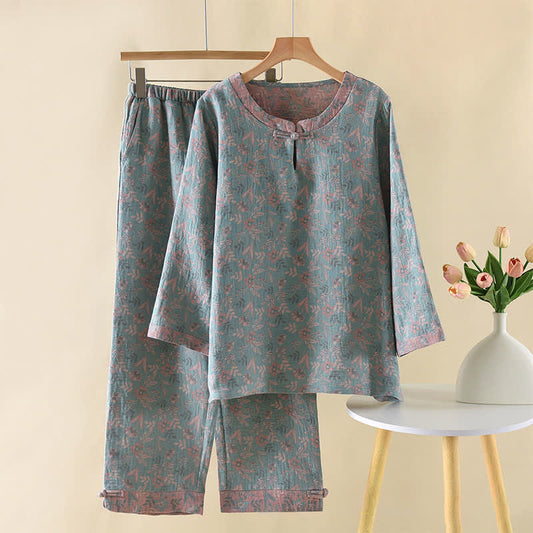 Pyjama vintage en coton à imprimé botanique et manches longues - XL - image 0