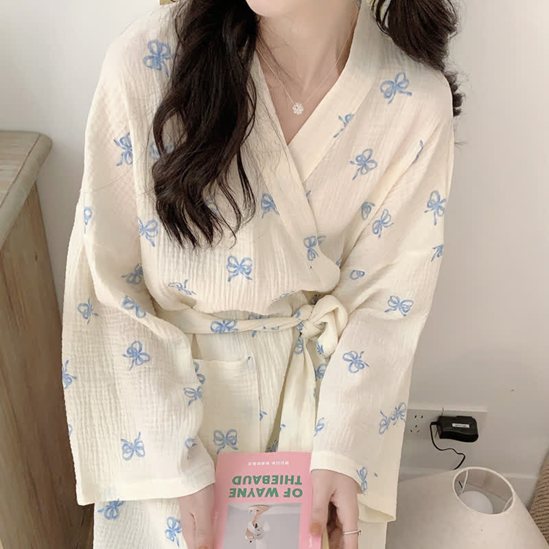 Peignoir kimono bleu à motif nœud - image 7
