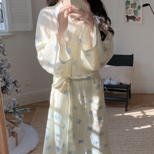 Peignoir kimono bleu à motif nœud - image 0